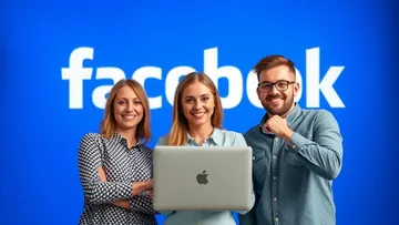 an image of 3 marketing experts. two women on the left and on man on the right. the woman in the middle is holding a macbook laptop. Behind them is the facebook wordmark in white on a blue background.