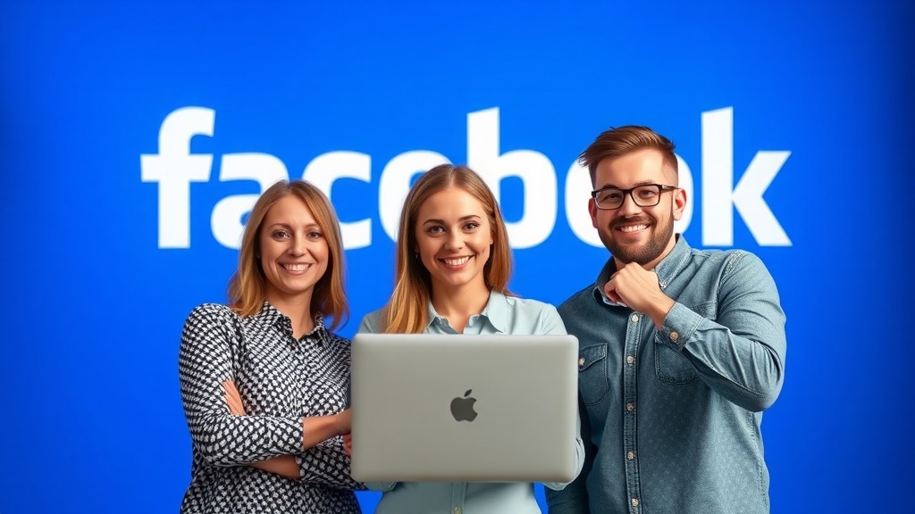 an image of 3 marketing experts. two women on the left and on man on the right. the woman in the middle is holding a macbook laptop. Behind them is the facebook wordmark in white on a blue background.